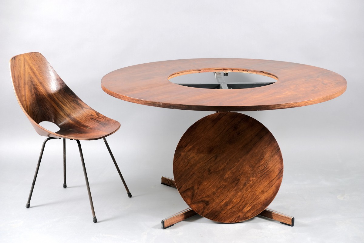 Mid-Century Round Rosewood Dining Table with Rotating Tablet